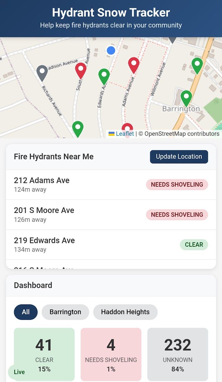 Screenshot of the Hydrant Snow Tracker map showing color-coded hydrant markers