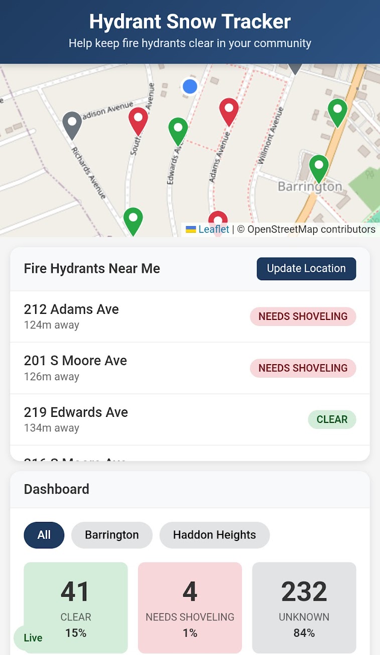 Screenshot of the Hydrant Snow Tracker map showing color-coded hydrant markers